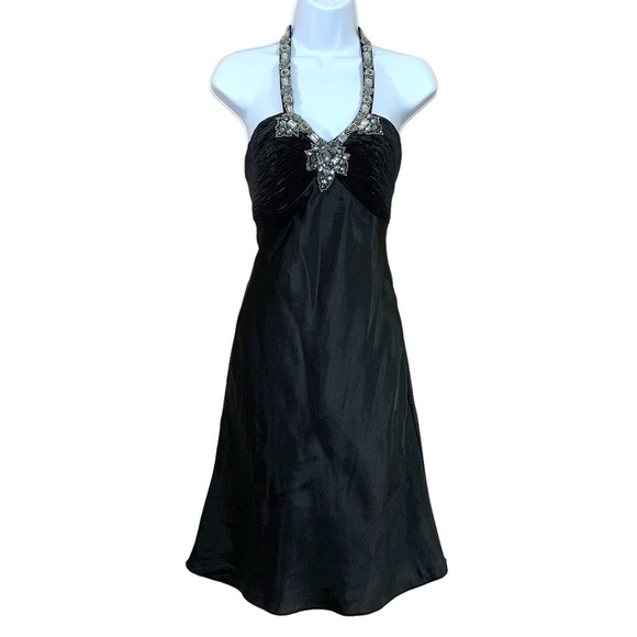 Morgan And Co Black Satin Formal Cocktail Dress Sleeveless Gemstone Small 3 4 - Picture 1 of 12
